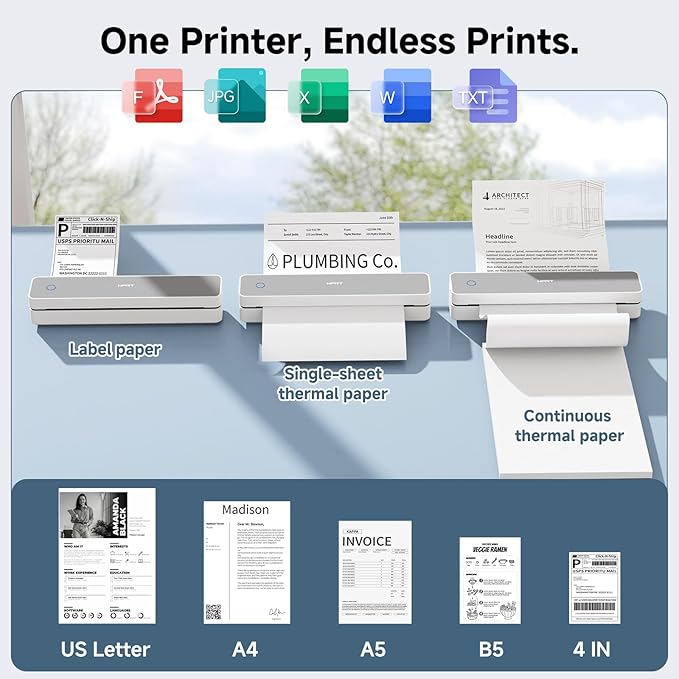 HPRT Inkless Portable Printer Wireless for Travel,Thermal Printer Supports 8.5" x 11" US Letter&A4&A5,Compatible with iOS,Android, Laptop, MT610 Pro,300 DPI,White