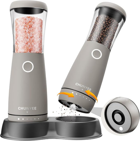 Electric Salt and Pepper Grinder Set - Automatic Stainless Steel Rechargeable Salt and Pepper Grinder Set with Storage Base, Large Capacity, LED Light & Adjustable Coarseness, Ideal Kitchen Gadget