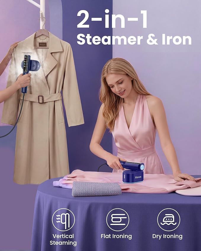 Travel Steamer for Clothes, 110-240V Dual Voltage, 1200W Fast Heat in 15s, Portable Handheld Garment Steamer & Iron 2 in 1 with 140ml Tank & 5 Fabric Settings for Business, Global and Europe