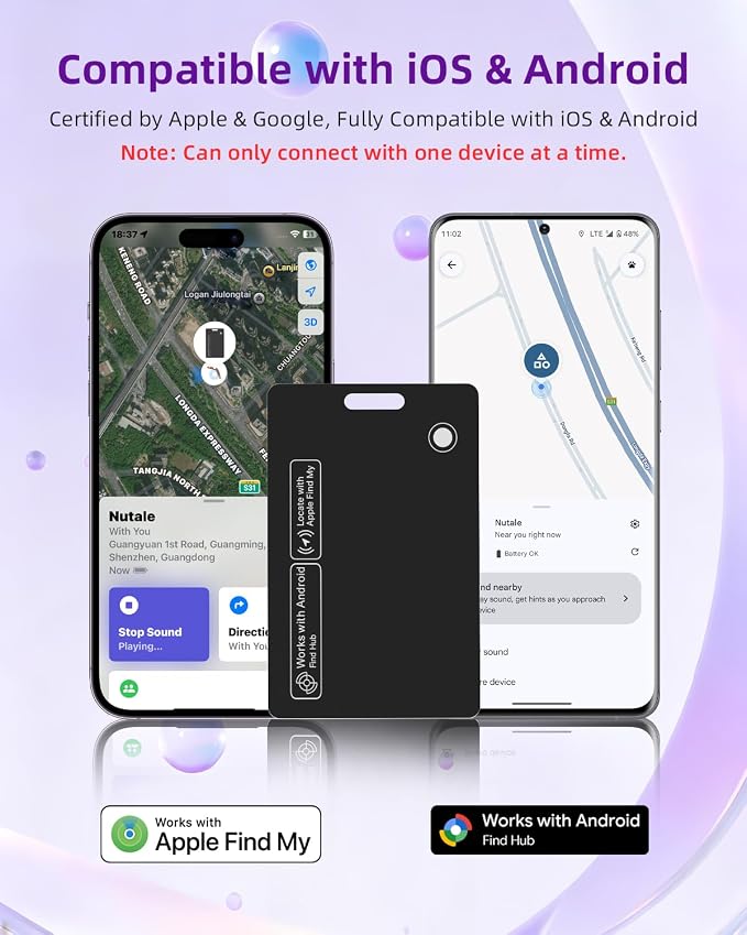 Thin Wallet Tracker Card, Find My or Google'S Find Hub App, Dual System Both iOS and Android Tracker Card, Item Finder for Luggage Passports, Phone,IP68 (1-Black)
