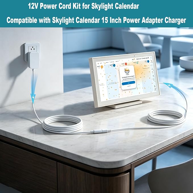 12V Power Cord Kit for Skylight Calendar Compatible with Skylight Calendar 15 Inch Power Adapter Charger