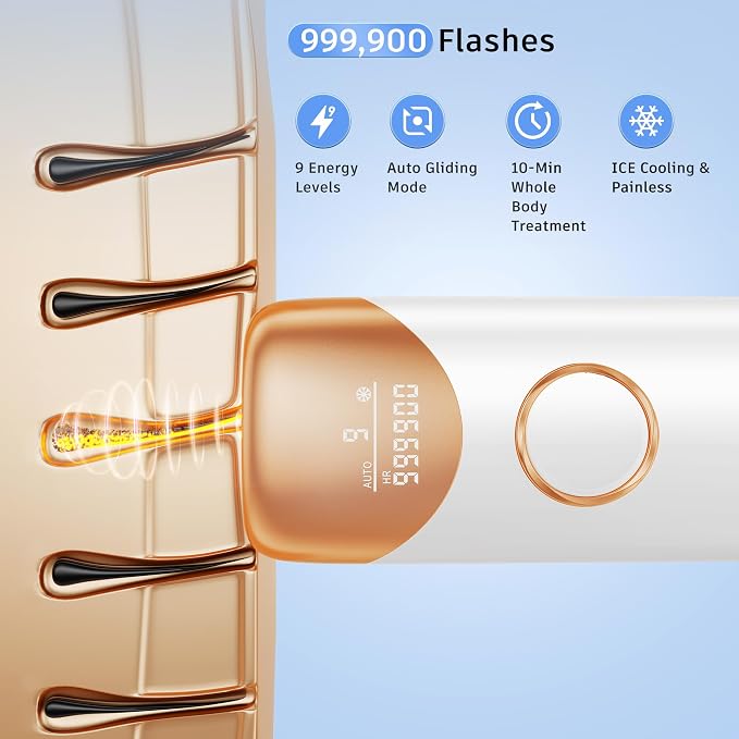 Laser Hair Removal Ubroo IPL Hair Removal Device with 5℃ Ice Cooling,Hand-held Hair Removal Device Laser Hair Removal for Women and Men,Reduce Hair Regrowth,Full Body Use(Gold)