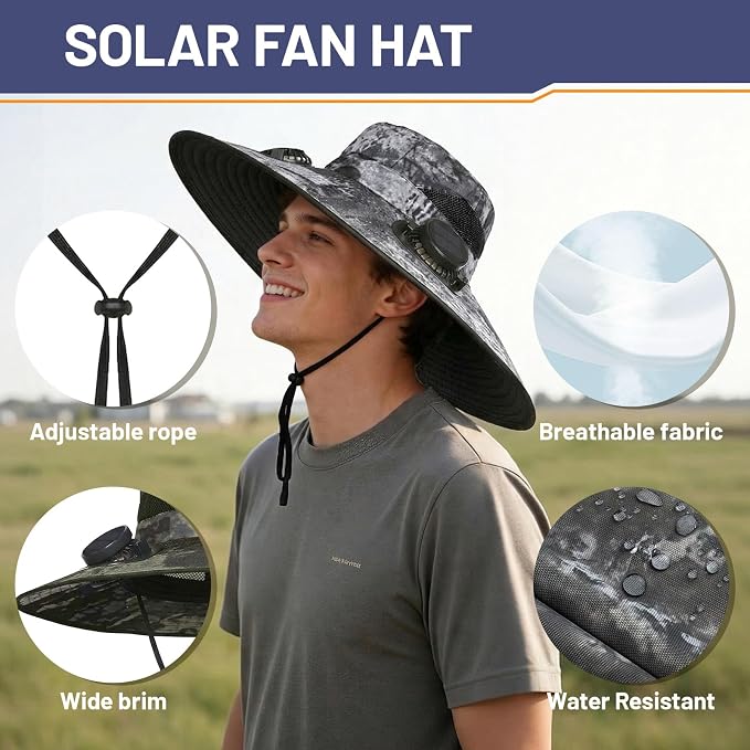 Solar Fan Hat, Wide Brim Sun Hat with 2 Built-in Solar Fans, UPF 50+ Sun Protection Outdoor Fishing Hiking Camping Beach