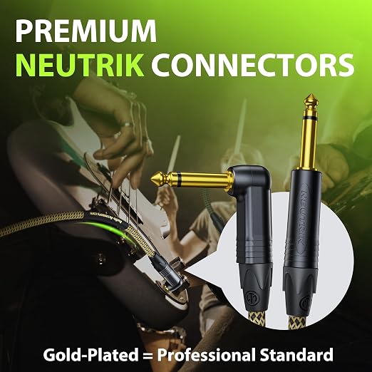 AA AUDIO ACCESSORY Gold Series Right Angle Guitar Cable 25 ft (Gold-Plated Neutrik Connectors) 16 AWG, Kevlar Reinforced Braided 1/4 Instrument Cord for Electric Amp Bass, 100% Shielded, Yellow/Black