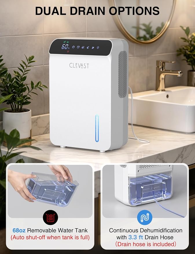 CLEVAST Dehumidifier for Home with Drain Hose, 68oz Water Tank Smart Humidity Control, Auto Shut Off, Quiet Small Dehumidifiers for Bathroom, Bedroom, Basement, RV and Camper
