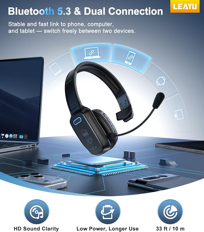 Bluetooth Headset, 60hrs AI Noise Canceling V5.2 Over Head Headphones, Single Ear Trucker Wireless Headset with Mic, Mute Button, Multipoint, for Phones PC Computer Truck Driver Office Work - Black