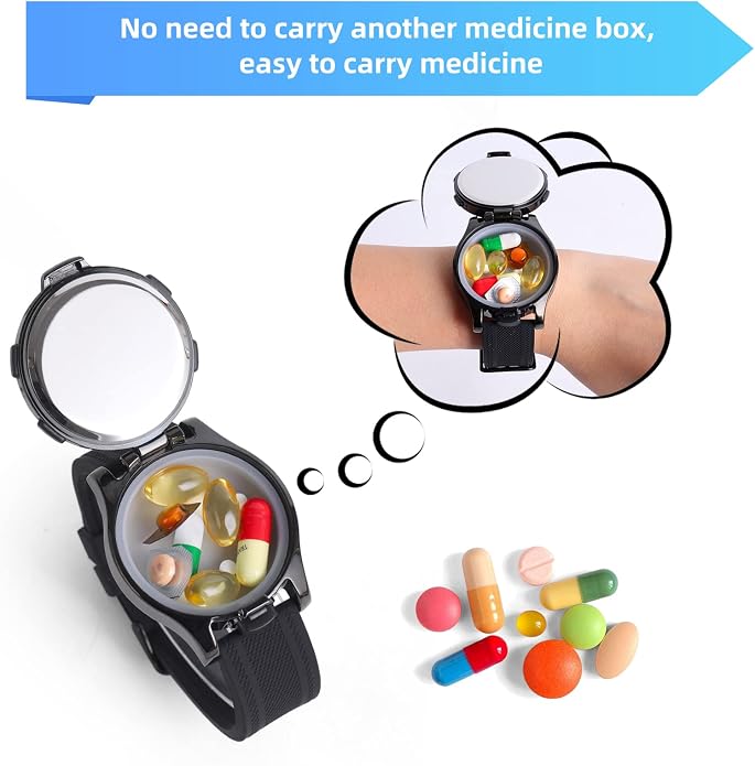 Watch with Pill Box, Fashion Business Digital Watches for Men, Water Resistant Pill Box for Emergency, EDC Box for Emergency, Small Pill Case for Vitamin, Fish Oil