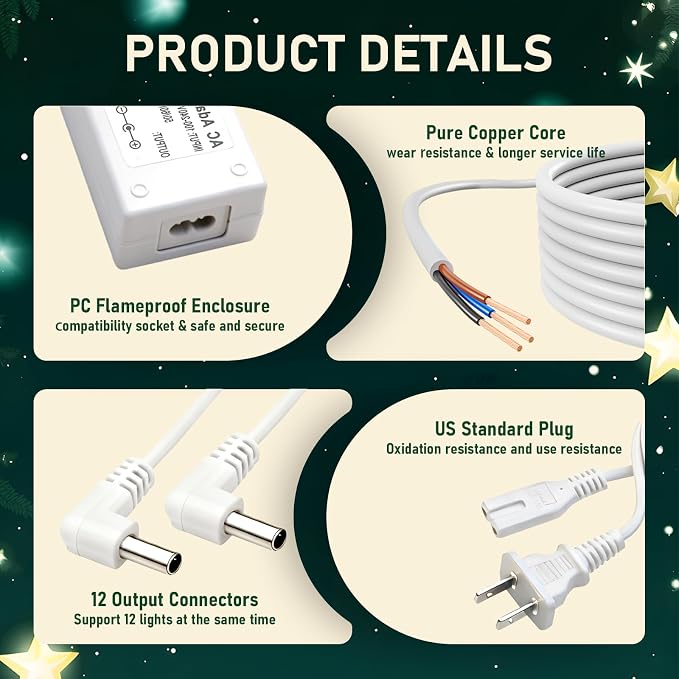 4.5V Power Adapter for Lemax Lighted Accessory 94566 94563 94564 94565 74295 74269 74707 84428 44242 Christmas Halloween Village Lights Micro Lighting Building Decor(12 Output White)
