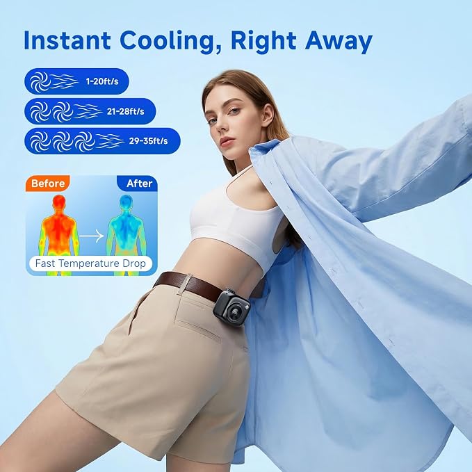 Portable Waist Fan, Rechargeable Wearable Fan w/ LED Display, 3 Speeds, 3000mAh Battery, 10H Runtime, Mini Turbo Airflow, Clip on Belt/Shirt/Hat, for Travel,Outdoor, Concert,Gift for Men Women-1 PACK