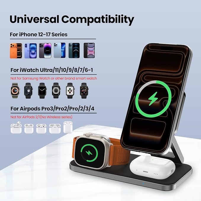 3 in 1 Magnetic Wireless Charger for Multiple Devices, Fast Foldable Travel Mag-Safe Charger Stand for iPhone 17 16 15 14 13 12, Wireless Charging Station for iWatch Series, for AirPods White