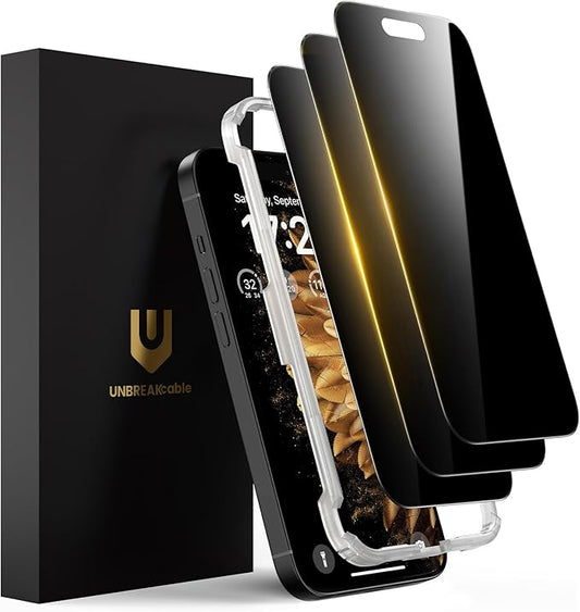 UNBREAKcable Privacy Screen Protector for iPhone 15 Plus (6.7"), 25° Anti-Spy Tempered Glass, Easy Install Alignment Frame, Case-Friendly, 9H Hardness, Anti-Fingerprint, 3-Pack