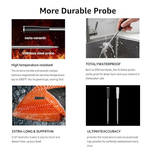 Dual Probe Wireless Meat Thermometer, Works Without APP, IP67 | Dual separate probes dual sensor tracks meat & oven temps. 4x4" backlit display. APP optional. 40hr battery. IP67 waterproof.