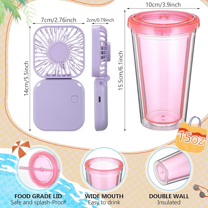 Skylety 12 Pcs Necklace Fans and Insulated Tumbler Set Portable USB Handheld Mini Necklace Fan with 3 Speed and 16 oz Insulated Double Wall Plastic Cups with Lid Straw for Women Men Summer Travel
