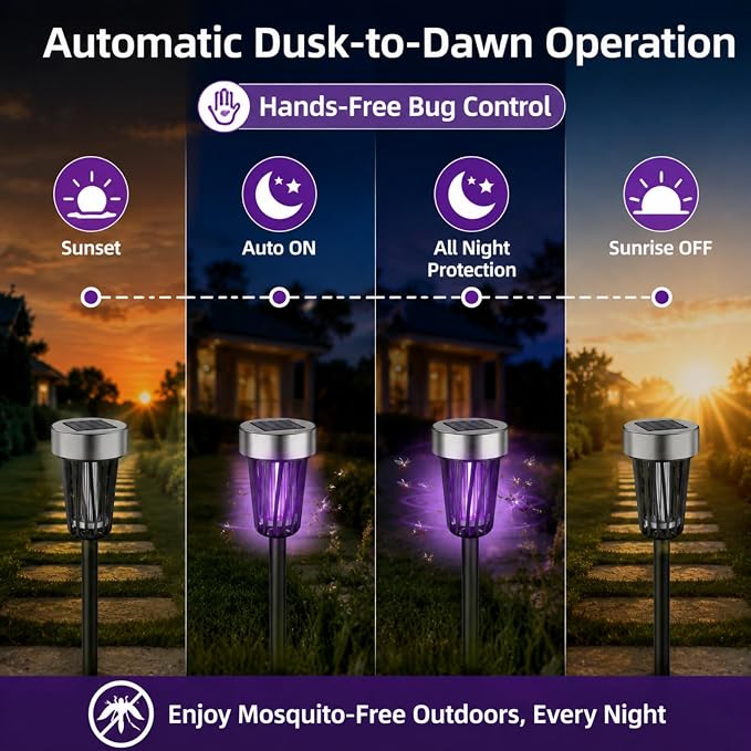 2026 New Solar Bug Zapper Outdoor Waterproof,Mosquito Zapper Rpellent Outdoor Patio,Purple & White Light,Auto-On at Dusk,Effective Fly Insect Gnat Zapper Trap for Yard,Garden,Backyard,Pathway