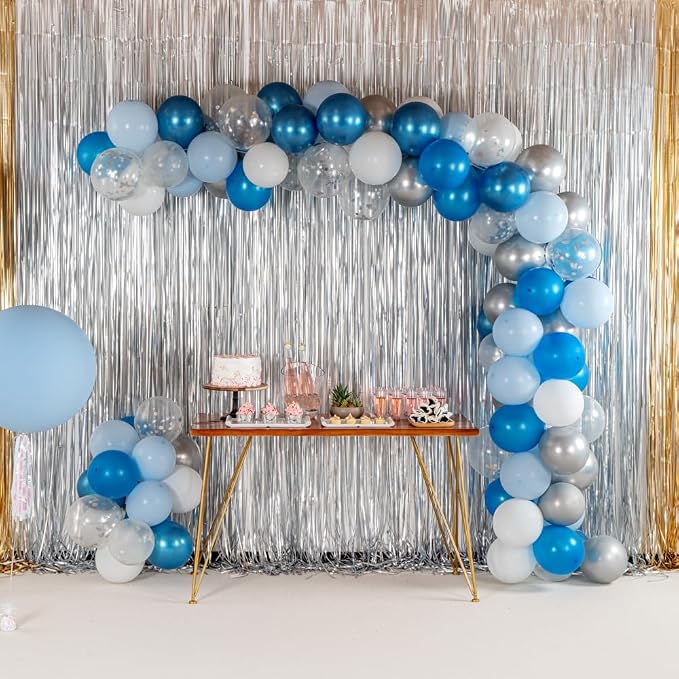 Restaurantware-Balloonify Balloon Garland Set, 1 Party Decoration Kit - 100 Balloons, With Chain, Blue, Silver, & White Latex Balloon Arch Kit, Includes Glue Dots, Ribbon & Knot