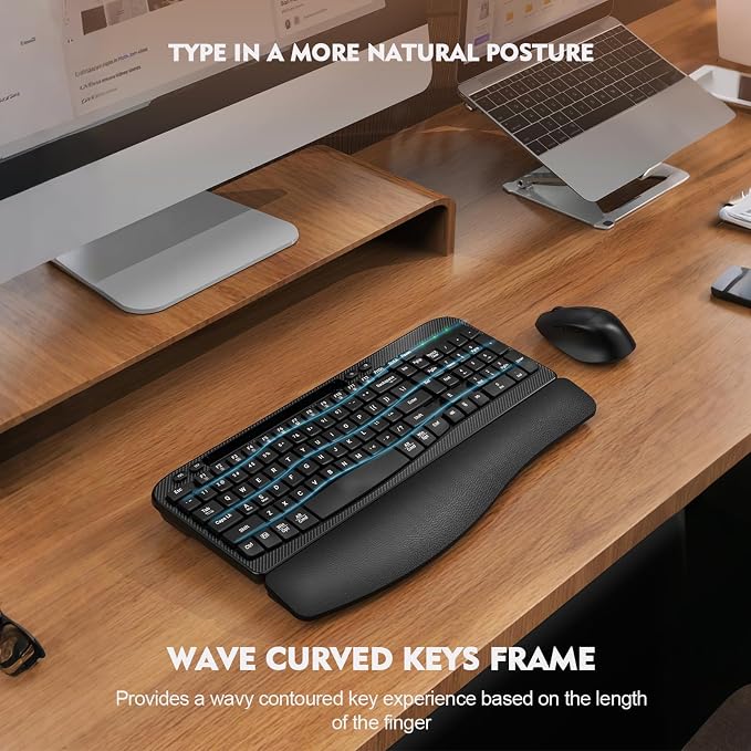 Wireless Keyboard and Mouse Combo, Full-Sized Ergonomic Wave Keys Keyboard with Memory Foam Wrist Rest & Phone Holder, 2.4G Quiet Keyboard Mouse Work Setup for PC Laptop, Office or Home (Black)
