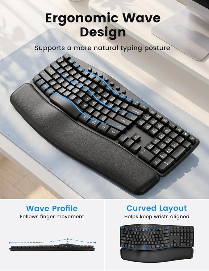 Wireless Keyboard and Mouse Combo, SABLUTE MA41 30dB Quiet Ergonomic Wave Keyboard Set with Soft Leather Palm Rest, Dual-System Switch for Windows/Mac, Ideal for Business Teams Home Office