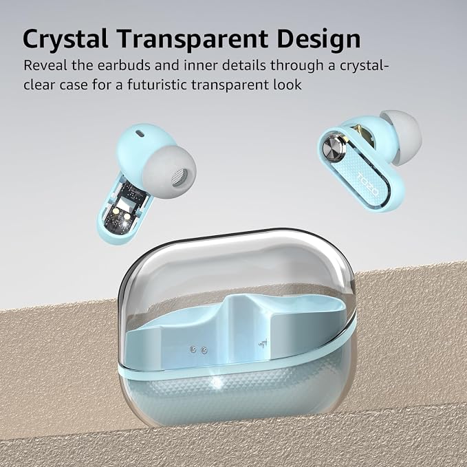 TOZO Crystal Pods Hybrid Active Noise Cancelling Wireless Earbuds, 10mm Drivers Deep Bass, 4 Mics Smart ENC AI Calls, Real-Time AI Translation, 32 EQ via App, Bluetooth 5.4, Crystal Design
