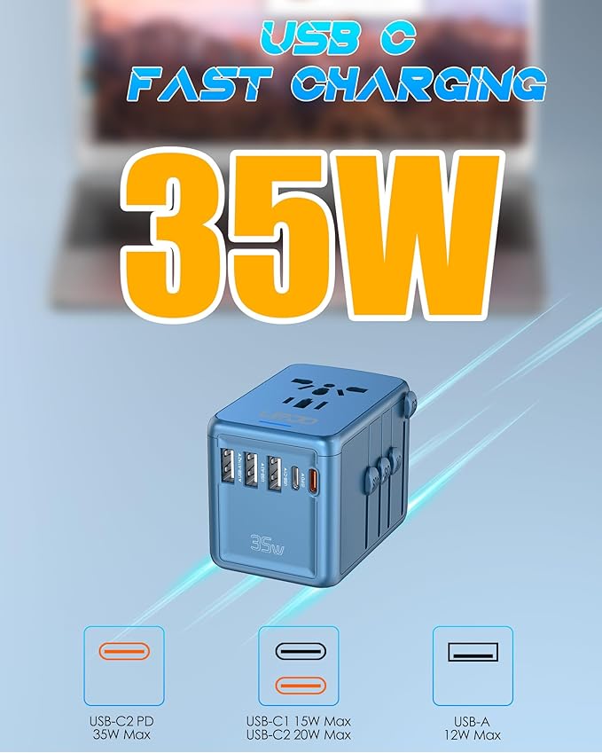 Universal Travel Adapter, 35W PD Fast Charging & 2 USB C 3 USB A & 2500W AC Outlet, International Power Adapter for Europe UK US AU 200+ Countries, Compatible with iPhone 16 15, MacBook, Laptop