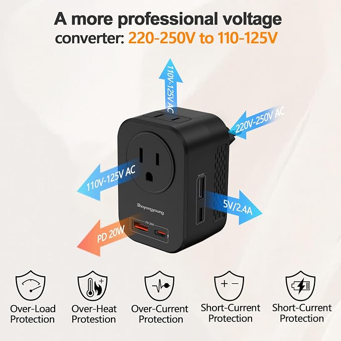 220V to 110V 20W PD Voltage Converter US to Europe International Universal Travel Adapter with 2 USB A 2 Type-C Port Worldwide Power Converters Plug Combo for Spain Italy (Black)-NB