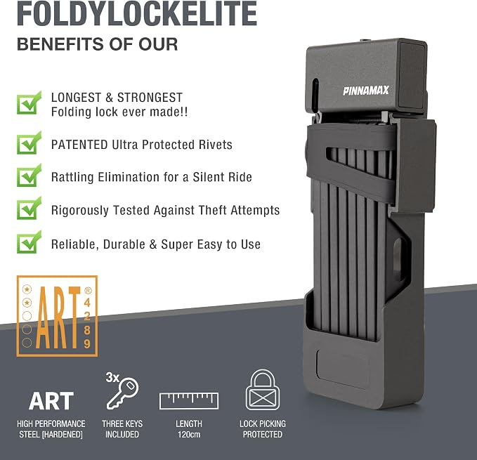 Foldable Bike Lock - Compact Folding Bicycle Lock with 3 Keys - Frame Mount Anti-Theft Locks for E-Bike, Motorcycle, Scooter, Bicycle, Door, Gate (PINN-828-120)