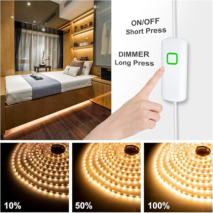 MYPLUS Under Cabinet Lighting Kit, 65.6Ft Dimmable Led Strip Lights with 1200 LEDs,24V, Low Power Safety Adapter, Flexible Tape Light for Kitchen Cabinet,Bedroom,Counter,Shelf (Warm White-3000k)