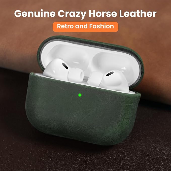 for AirPods Pro 2 Case Crazy Horse Leather, Handcrafted Vintage Genuine Leather Shockproof Protective Cover Accessories with Lanyard Compatible with AirPods Pro 2nd/1st Generation