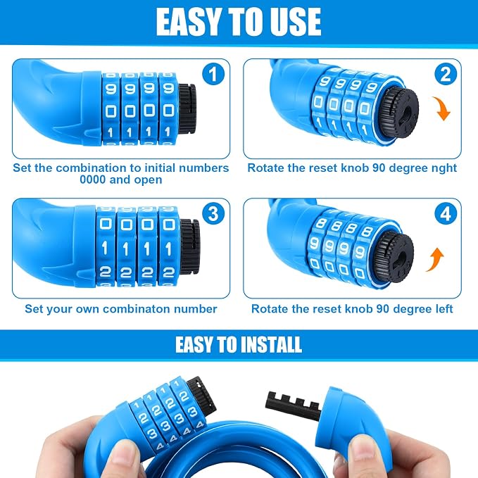 Hotop 8 Pcs Bike Locks Bulk High Security 4 Digit Heavy Duty Bicycle Cable Locks with Mounting Bracket 4 Ft Resettable Coiling Bike Lock with Combination, 1/2 Inch Diameter(Blue)