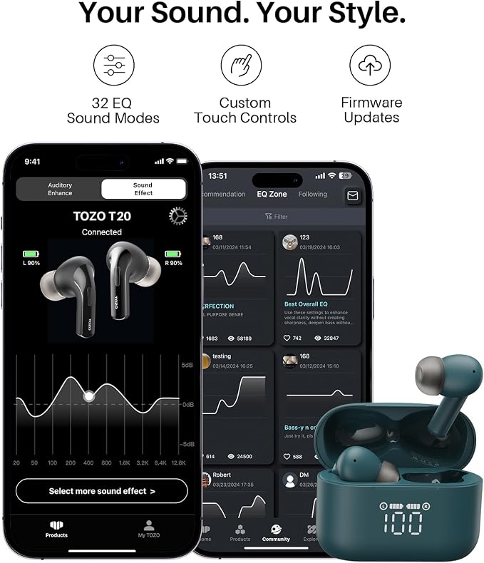 TOZO T20 Wireless Earbuds, Bluetooth 5.3 Headphones with 97H Playtime, IPX8 Waterproof, Dual Mic ENC Call Noise Cancelling, Deep Bass Sound, LED Display, Wireless Charging Case