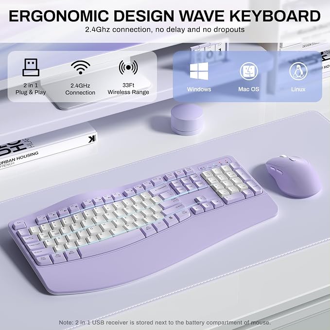 Wireless Keyboard and Mouse Combo,2.4G Full Size Wave Keys Ergonomic Keyboard with Wrist Rest for Natural Typing, 3 DPI Adjustable Ergonomic Mouse for Computer/Laptop/Windows/Mac (Purple & White-B)