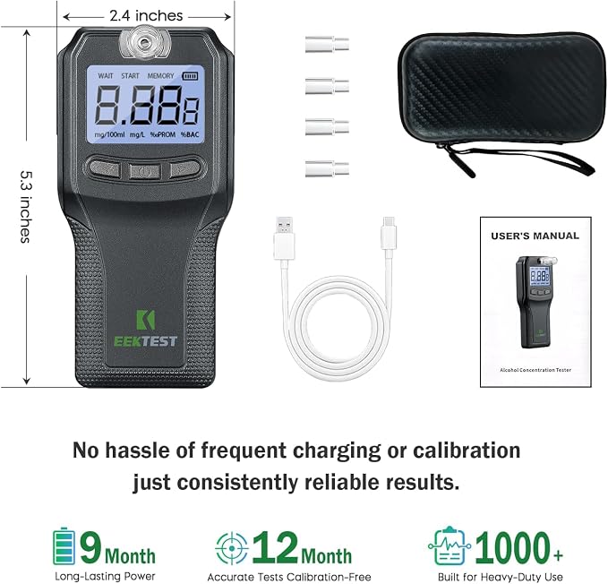 Breathalyzer, Alcohol Tester with Fuel Cell Sensor, Police-Grade Alcohol Breathalyzer Tester for Home Health Use, with 10 Mouthpieces (Black)