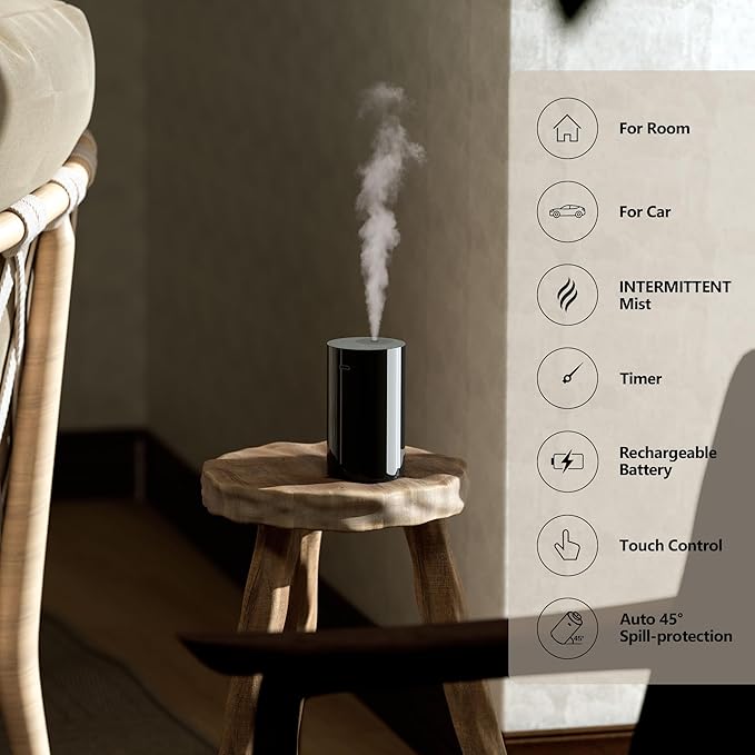 Airversa Waterless Essential Oil Diffuser Starter Kit with 2x20mL Hotel Fragrance Oils, Cordless Nebulizer for Car Home Office, Up to 600 sq ft, Mist/Timer Settings, Baterry Operated, AN8Kit-B, Black