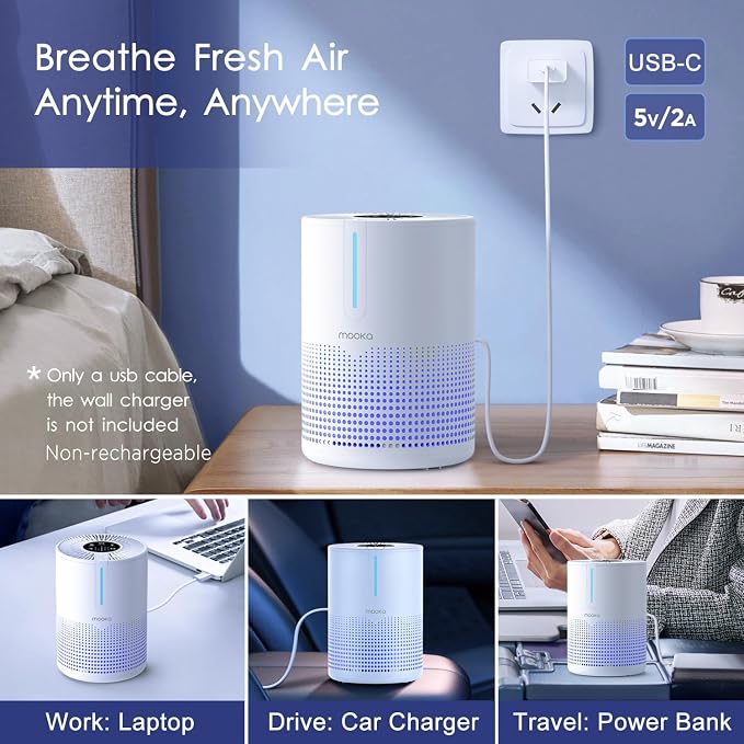 MOOKA M01 Air Purifiers for Bedroom Home 430 Sq.Ft with Extra 2 Filters, H13 HEPA Filter Small Portable Air Purifier with USB Cable Fragrance Sponge for Smokers Pollen Pets Dust Odors