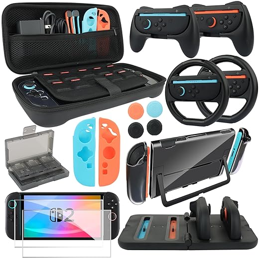 Switch 2 Accessories - 16 in 1 Family Accessory Bundle Kit for Nintendo Switch Carrying Case&Tempered Glass Protector,Joy Con Charger, Gaming Steering Wheels, Grips and More