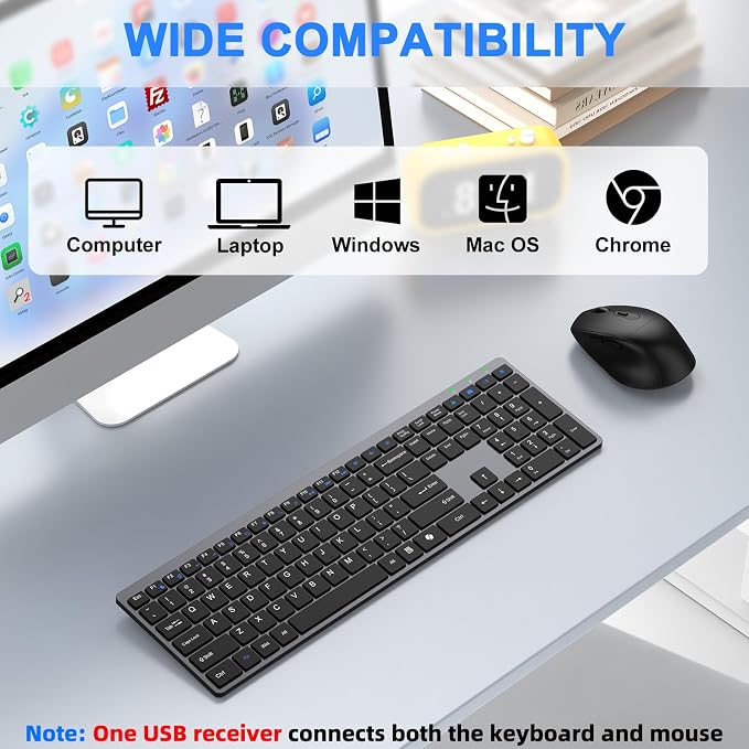 Wireless Keyboard and Mouse Combo, Full Size Silent Ultra Thin Keyboard with Magnetic Wrist Rest, Optical Mouse, 2.4G Lag-Free Cordless Mice Keyboard Set for Computer, Mac, Laptop, PC, Windows