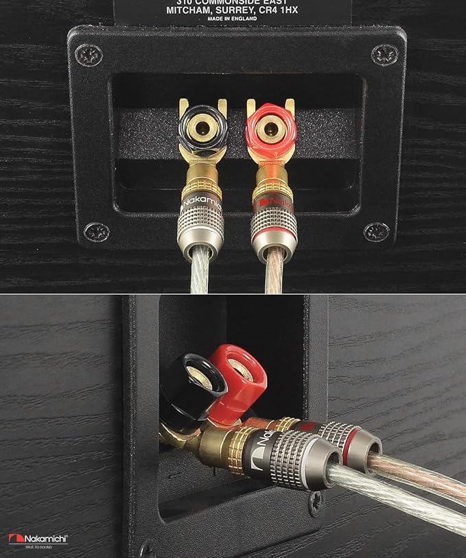 Nakamichi FanLock Excel Series 24k Gold Plated Spade Connector Banana Plug 10 AWG - 18 AWG Gauge Size 4mm for Speakers Amplifier Hi-Fi Home Theatre Wire Cable Quick Connector, 4 Pcs (2-Pairs)
