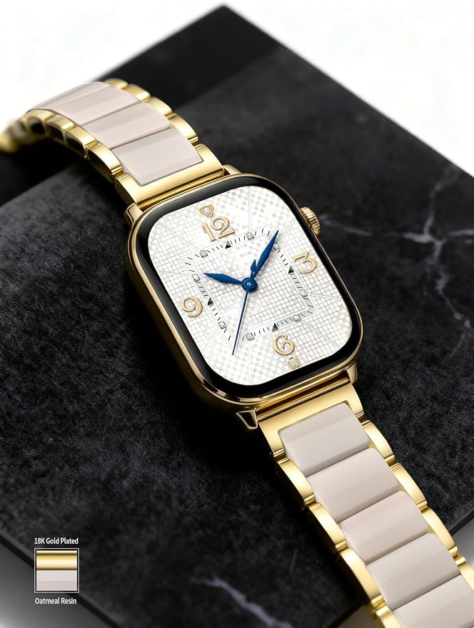 V.R.HOPE Apple Watch Band for Women 42mm 44mm 45mm 46mm 49mm Fashion Gold Stainless Steel Metal Strap with Resin Inlay, Fashion Bracelet Compatible with iWatch Series Ultra3/11/10/9/8/7/6/SE (Oatmeale+Gold)