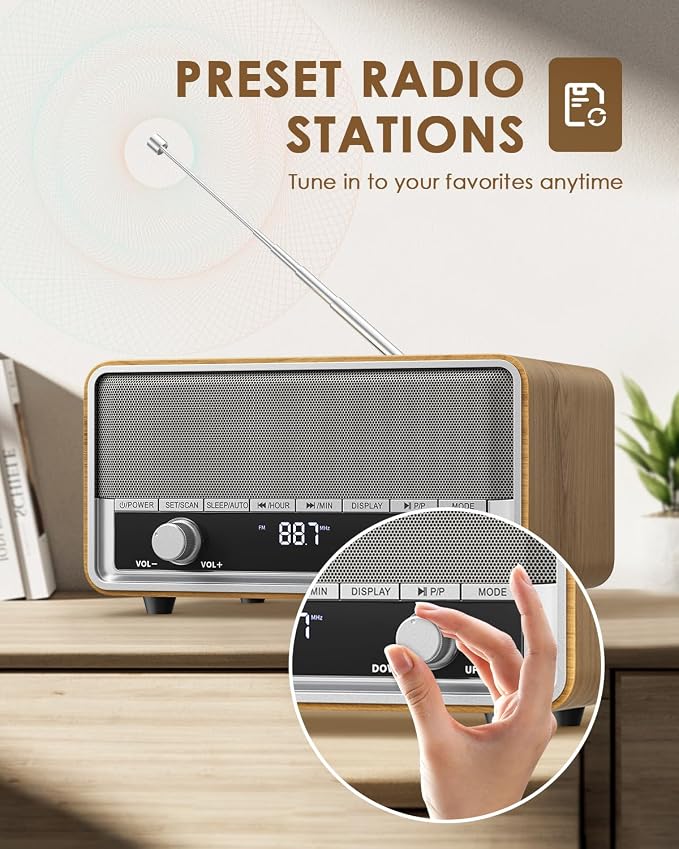 Vintage Wood AM FM Bluetooth Radio Plug in Wall, Digital Radio with Time Display | No Alarm | Sleep Timer |40 Presets, Retro Bluetooth Speaker for Office, Kitchen (Light Walnut)