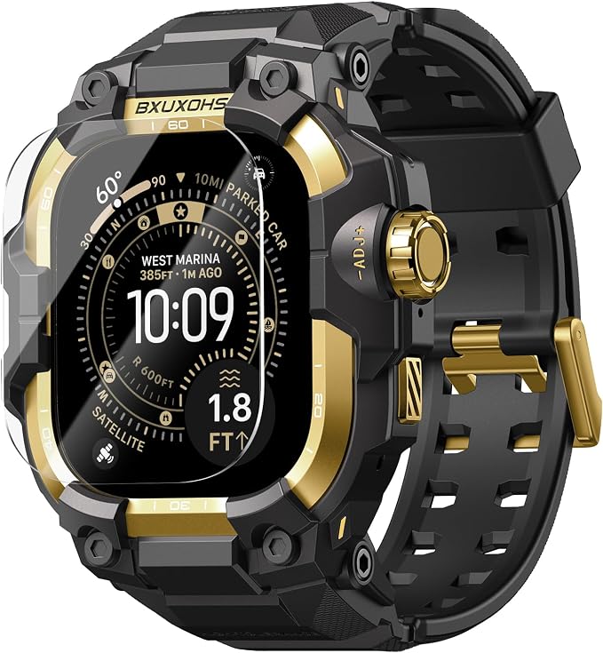 BXUXOHS Rugged Case and Band for Apple Watch Ultra 3/2/1 49mm Men, Military Grade Shockproof Bumper Cover, with 2 Pack Screen Protector, Tactical Band Case for iWatch Ultra 3 2 1 Man, Gold