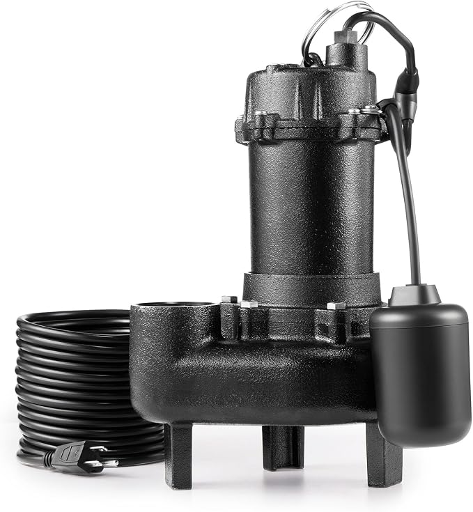 VEVOR Submersible Sewage Pump, 1 HP, 5200 GPH Cast Iron Sewage/Effluent Pump with Automatic Tethered Float Switch, 2-Inch NPT Discharge, 120V, 25 ft Max Lift, for Basement, Septic Tank, Residential