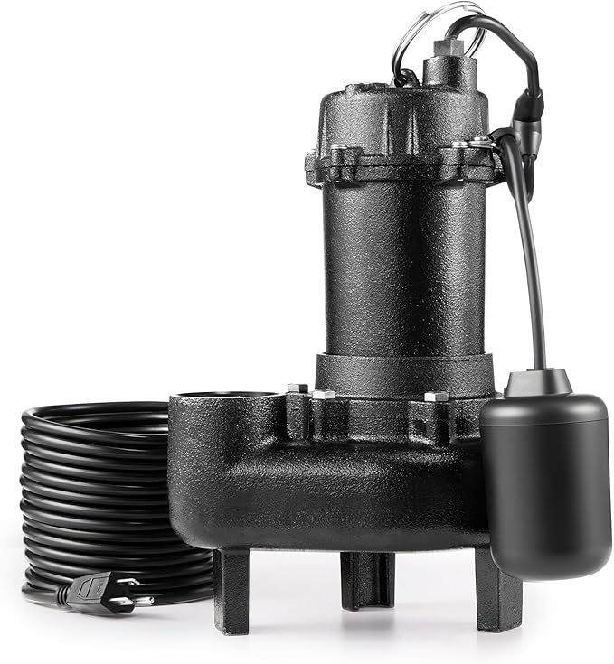 VEVOR Submersible Sewage Pump, 1/2 HP, 6000 GPH Cast Iron Sewage/Effluent Pump with Automatic Tethered Float Switch, 2-Inch NPT Discharge, 120V, 25 ft Max Lift, for Basement, Septic Tank, Residential