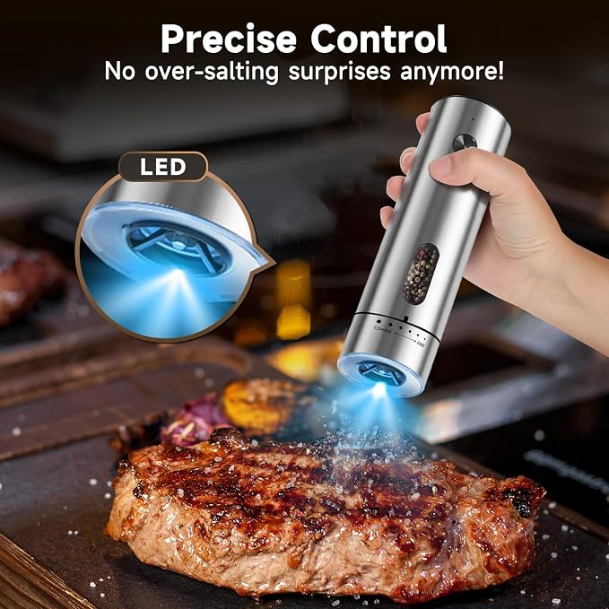 Electric Salt and Pepper Grinder Set with Charging Base - Rechargeable Automatic Pepper Grinder, Stainless Steel Cordless Push Button Mill with LED Light