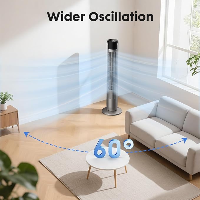 OLIXIS Tower Fan for Bedroom, 60°Oscillating Fan with Remote, 25ft Far, 28dB Quiet Electric Standing Fan, 12 H Timer, 5 Speeds, 4 Modes, Bladeless Floor fan for Home, Office, Indoor, 36 Inch