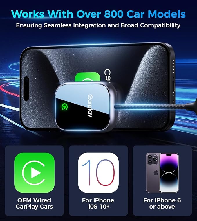 Wireless CarPlay Adapter for Apple iPhone - Convert Factory Wired to Wireless Car Play Adapter, Plug and Play, Auto Connect, No Latency, Compatible with Apple iPhone iOS 10+ Systems USB A/C