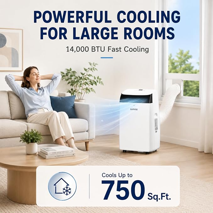 14000 BTU Portable Air Conditioners for Rooms up to 750 Sq. Ft, 3-in-1 AC Unit with Cooling, Dehumidifier & Fan, Energy-Saving, Remote, 24-Hour Timer& Window Kit, for Bedroom, Office, Dorm