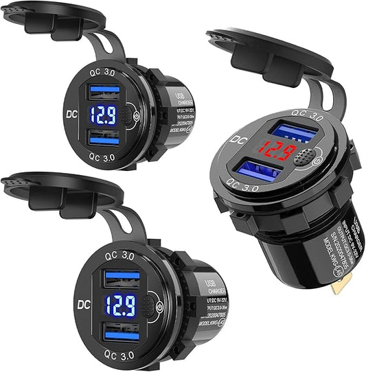 12V USB Outlet, Dual Quick Charge 3.0 12V Socket USB Charger with LED Voltmeter and Power Switch, Waterproof Aluminum Car Charger Adapter for RV Marine Motorcycle Truck Golf Cart RV etc.