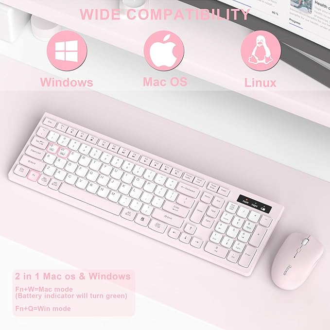 Wireless Keyboard and Mouse Combo, Full-Sized Quiet Wireless Keyboard and Adjustable DPI Mouse, 2.4GHz USB Receiver, Keyboard and Mouse for PC, Windows, Desktop, Laptop (Pink and White-B)
