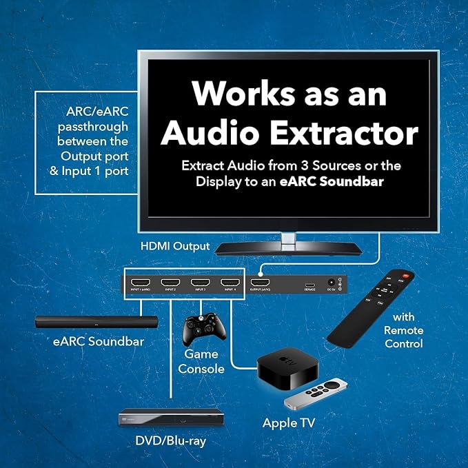 OREI eARC 4K 60Hz Dolby Atmos Audio Extractor Switch with 3 Inputs - Connect ARC/eARC Soundbar. HDMI 2.0 and HDCP 2.2 Compliant - CEC Pass Through - HDR, Dolby Vision Supported (HDA-934)