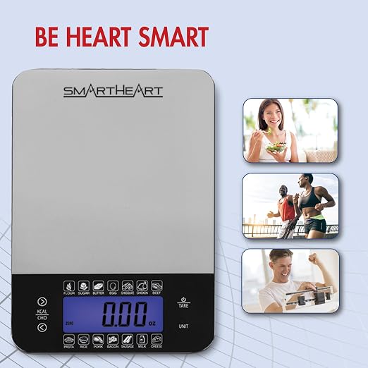 SmartHeart Premium Stainless Steel Digital Food Scale | Kitchen Scale for Meal Prep & Baking, Calorie & Carb Counter, 14 Foods, Tare, 11 lb, g/oz/lb/ml, Backlit LCD