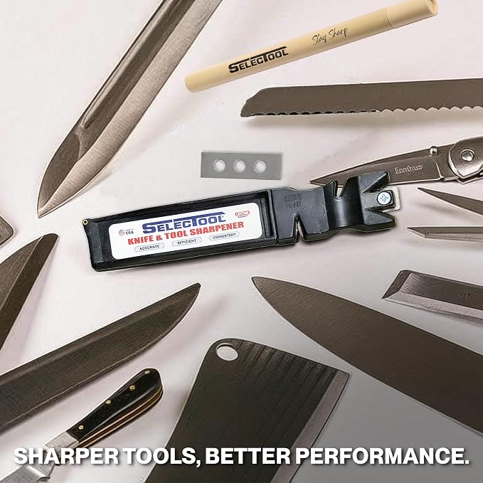 SELECTOOL 5-in-1 Knife Sharpening System - Knife Maintenance Kit with Knife Sharpener Tool, Honing Rod, Training Knife, Replacement Blade & Mat for Kitchen Knives, Scissors & Outdoor Tools
